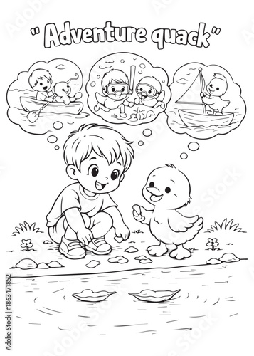 coloring book boy imagining adventures together with a duck
