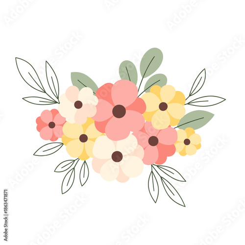 Floral Bouquet Illustration: Pink and Yellow Flowers with Green Leaves