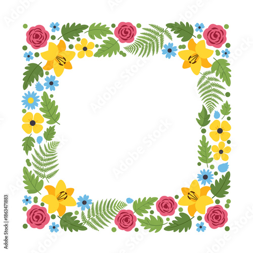 Floral Square Frame: Colorful Flowers and Ferns Graphic Design
