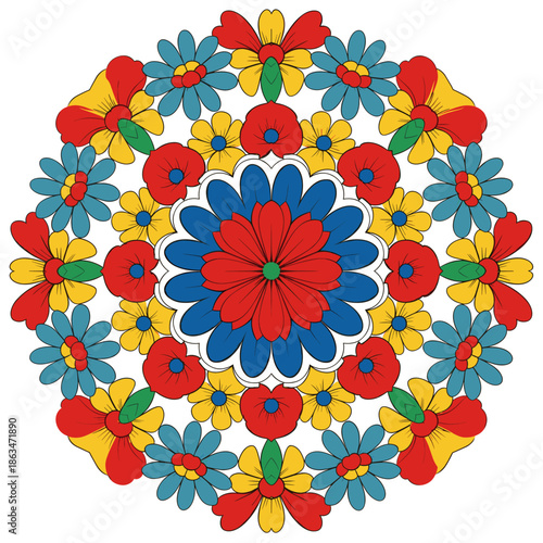 Floral Mandala: Colorful Folk Art Circle with Flowers and Geometric Patterns