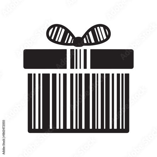 Black Gift Box Icon With Ribbon Bow And Barcode Pattern For Shopping.