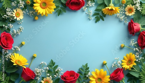 Red roses, yellow daisies with green leaves arranged on light blue backdrop. Delicate white baby breath fillers complement colorful blossoms. Frame of nature beauty perfect for spring summer themes.