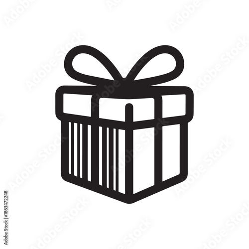 Black Gift Box Icon With Ribbon Bow And Barcode Pattern For Shopping.