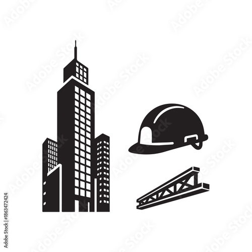 Construction Site Icons Set With Hard Hat Buildings Blueprint And Measuring Tape. 