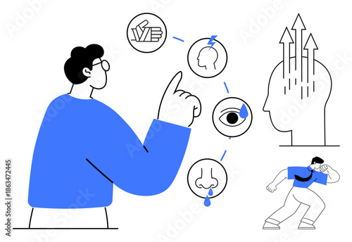 Cognitive perception. Cognitive icons depict human senses vision hearing touch smell and mental focus. Cognitive exploration for learning, neuroscience communication, technology, education