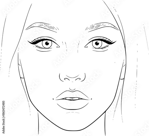 Face of a young beautiful woman. Makeup artist face chart, outline vector illustration
