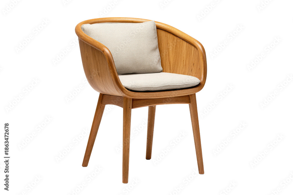 Fototapeta premium Curved wooden armchair with light beige cushion and pillow on black background furniture