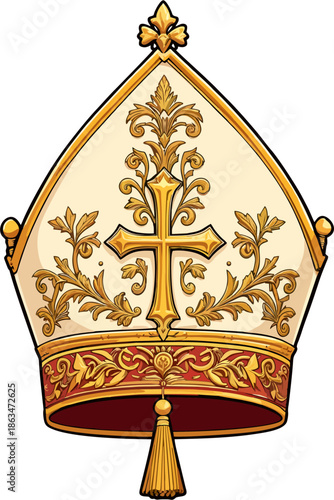 Elegant papal mitre with intricate gold floral embroidery and cross