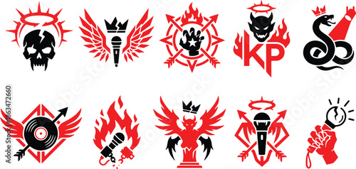 Emblem logo with rock music dark badge and wing icons, vector, music, wings, badge, dark