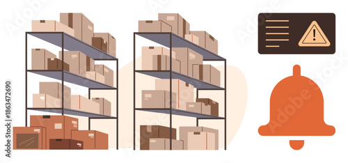 Inventory management, logistics, supply chain, warehouse organization, operational efficiency, stock monitoring. Shelves loaded with boxes and a notification bell. Inventory management and supply