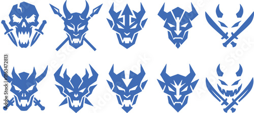 Monster Gaming Avatar Bundle Featuring Horned Demons and Skulls - badge, symbol, combat, warrior, fierce