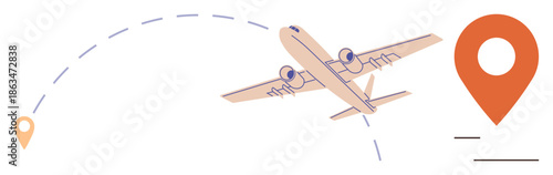 Travel, logistics, aviation, navigation, worldwide shipping, vacation planning. Airplane flying with a dashed flight path and location markers. Travel and logistics concept