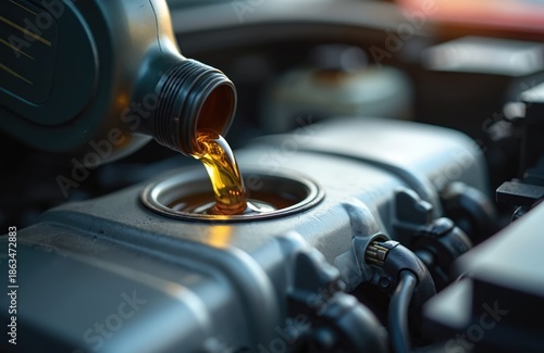 Fresh motor oil pours from a green container into an engine during an auto service. Technician refills car lubricants, ensures proper fluid level for vehicle maintenance. Closeup view.