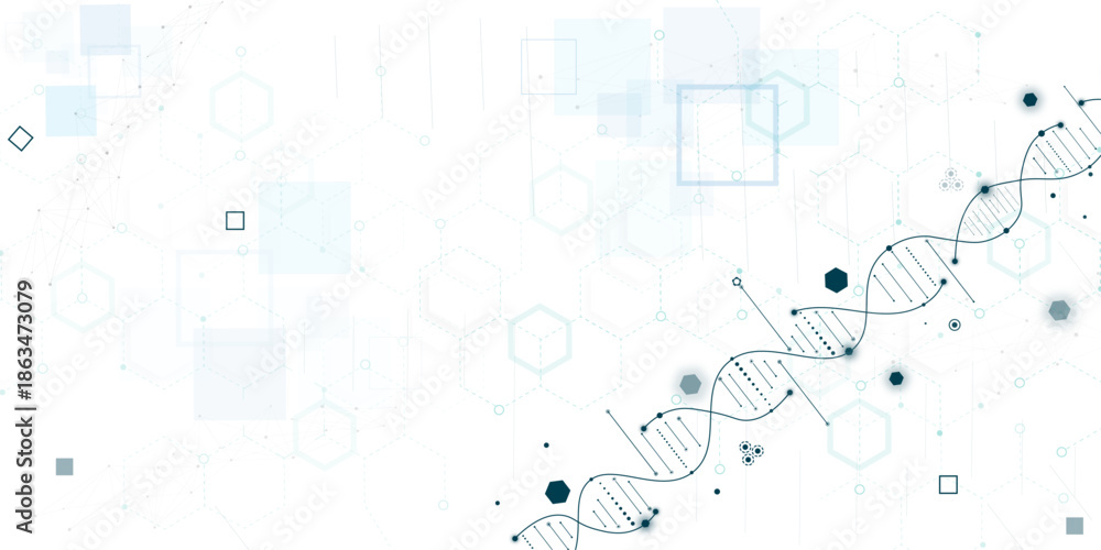 Fototapeta premium Molecule futuristic technology and science background, DNA strands, Modern scientific abstract background, lines and dot.
