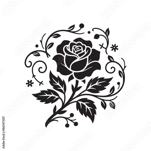  Elegant Rose Flower Silhouette With Decorative Leaves And Swirls For Floral Design.