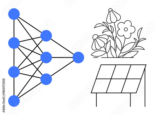 Sustainability, clean energy, artificial intelligence, renewable resources, future technology, environmental conservation. Neural network diagram, solar panel flowers. Sustainability and clean
