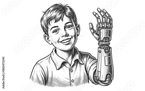 Smiling young boy with prosthetic arm showing hand in illustration  