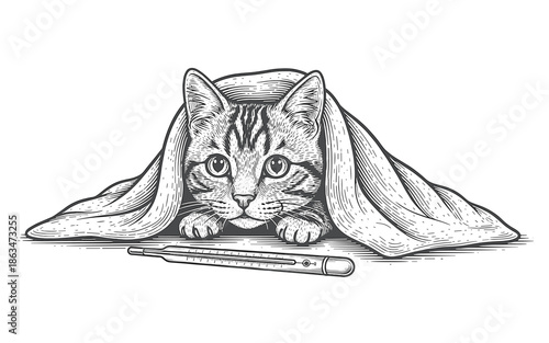 Sick cat under blanket with thermometer, cozy pet illness illustration
