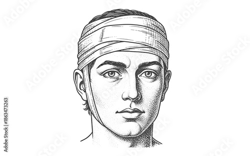 Male figure with head bandage showing a calm expression, patient with bandaged head