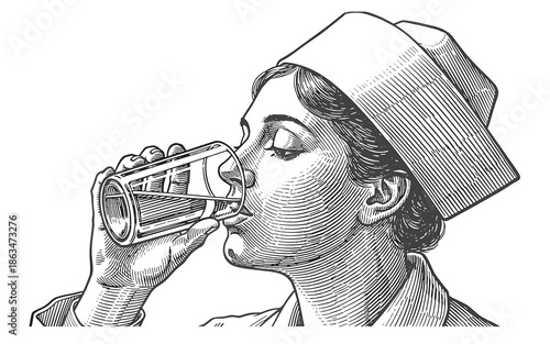 Vintage woman drinking from glass in 1920s style attire, healthcare worker drinking water  