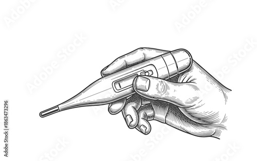 Hand holding a digital thermometer with a simple design, ear thermometer in hand