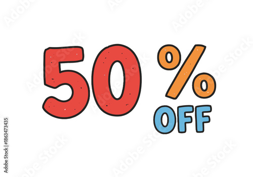 50% off discount sale with colorful text on white background  