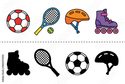 Sports equipment illustrations for children's educational activity worksheet  