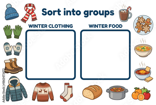 Educational activity worksheet for kids featuring winter clothing and food  