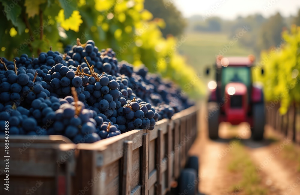 Fototapeta premium Full wooden cart brimming with dark grapes travels down vineyard row. Red tractor follows behind, ready for harvest. Summer grape collection scene.