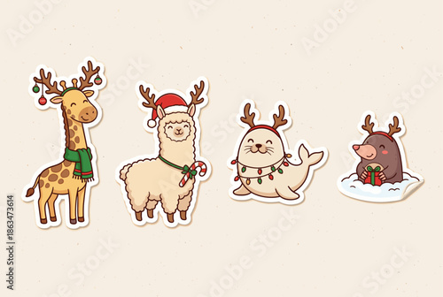 Cute cartoon animals with Christmas decorations and festive attire  