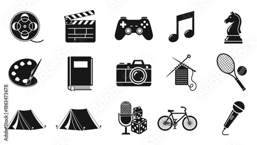 Collection of black and white icons representing film, arts, gaming, music, chess, photography, knitting, literature, sports, camping, broadcasting, cycling, and microphones