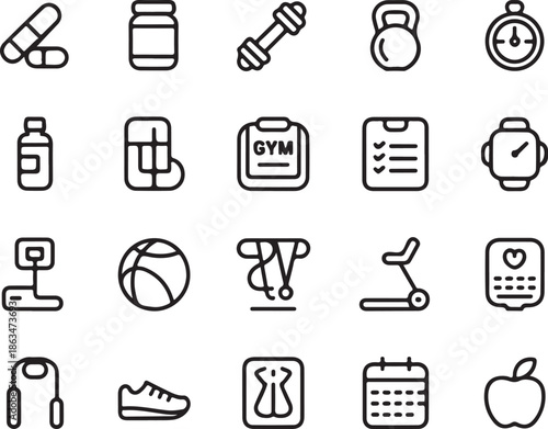 Fitness icons for healthy lifestyle and exercise routine planning