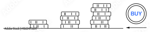 Financial growth concept. Coin stacks investment progression with a buy button. Ideal for finance, investment strategies, digital banking platforms, and wealth management. Usage include budgeting