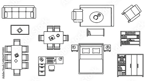 Top View Furniture Vector Set – Black Outline Interior Objects Floor Plan Illustration