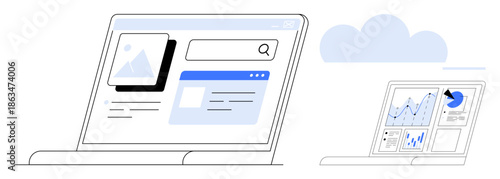Data analysis, research, business growth, web browsing, digital analytics, online strategies. Two laptops display a search engine interface and graphical data charts. Data analysis and web browsing