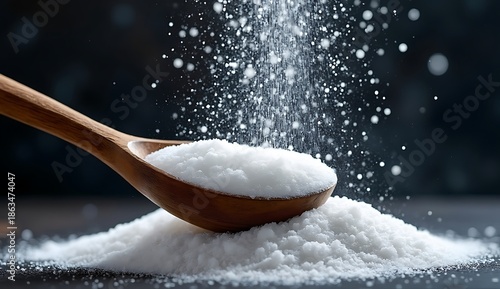 White sugar or salt granules being scooped with a wooden spoon with falling particles on a dark background