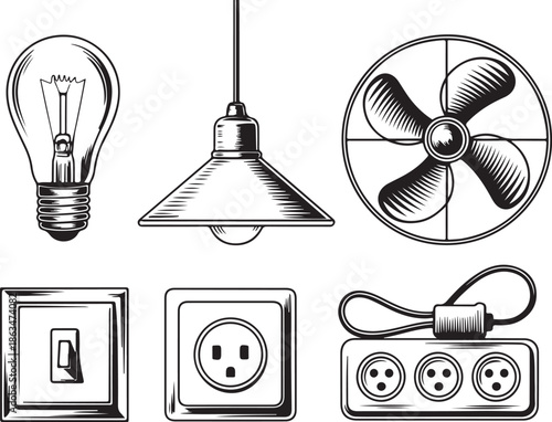 Electrical icons set including light bulb and power outlets