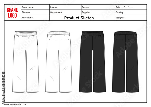 Pajama pant technical drawing template with tech pack details