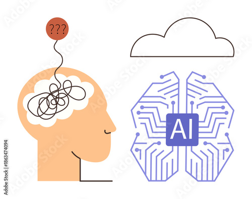 Artificial intelligence, human cognition, technology innovation, cloud computing, machine learning, data analysis. ion of a human head with tangled thoughts and AI brain. Artificial intelligence