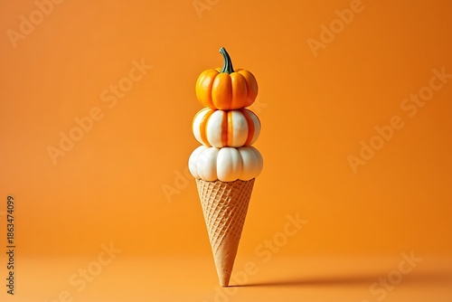 Conceptual autumn dessert featuring stacked orange and white pumpkins in an ice cream waffle cone on orange background
