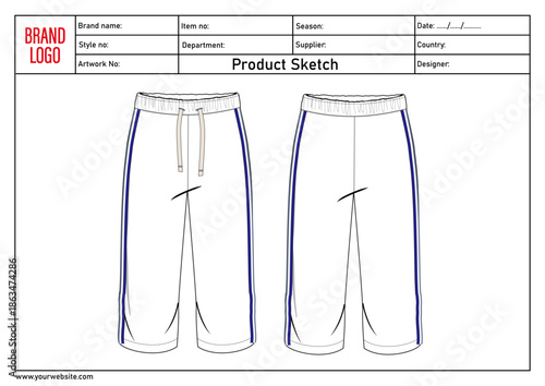 Jogger sweatpants technical drawing fashion flat sketch vector illustration template.