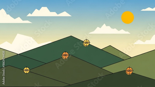 A scenic mountain range with uxo warning signs scattered across the green hills under a sunny sky with wild
