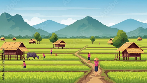 Rural landscape with people working in green rice fields, wooden houses, and mountains with green with oxen