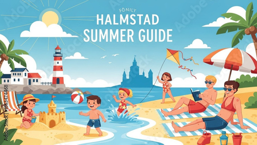 A vibrant beach scene with family and friends enjoying summer activities, sandcastle, kite, with lighthouse