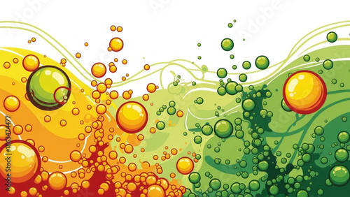 Vibrant colorful bubbles floating in wavy gradient liquid on white background, abstract concept with design