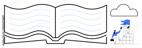 Knowledge sharing, education, teamwork, cloud storage, digital collaboration, e-learning. Open book with wavy lines and a cloud icon. Knowledge sharing and e-learning visually