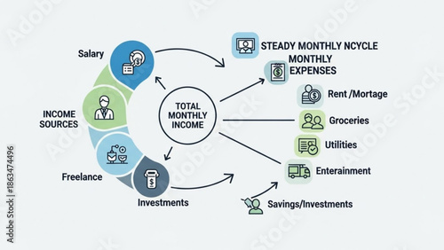 Monthly income sources and expenses flowchart for personal finance management and budgeting purposes