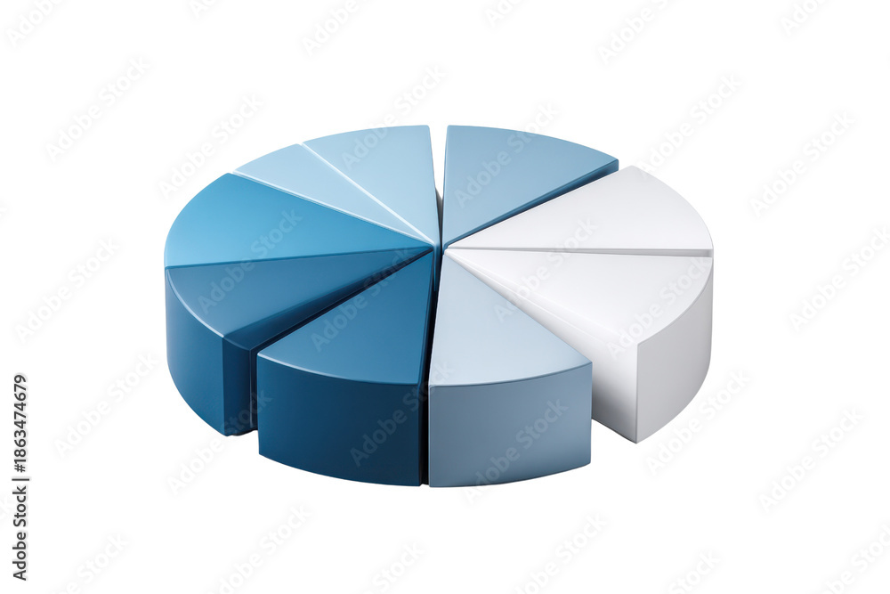 Obraz premium 3 D rendered pie chart with segments in shades of blue and white graph data