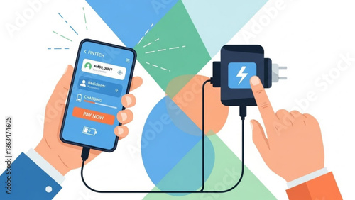 Hands holding smartphone with fintech app and plugging in charger with lightning bolt icon with payment