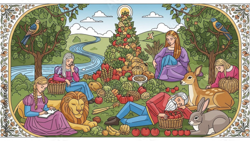 A serene scene of people and animals enjoying a fruit filled picnic in a lush green landscape with outdoor